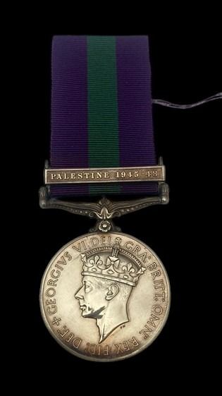 General Service Medal 1918-1962,GVIR 2nd type bust, 1 Clasp: Palestine 1945-48 awarded to Private...