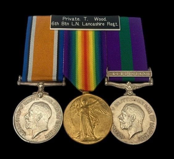 Great War Mesopotamia and post-war Kurdistan operations group awarded to Private T. Wood, 6th Bat...