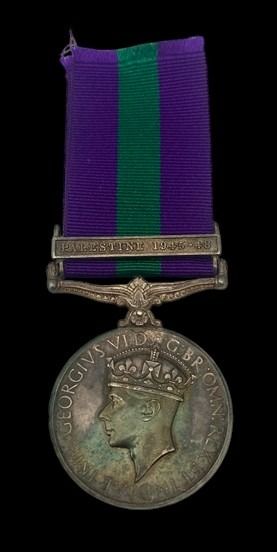 General Service Medal 1918-1962, GVIR 1st type bust, 1 Clasp: Palestine 1945-48 awarded to Privat...