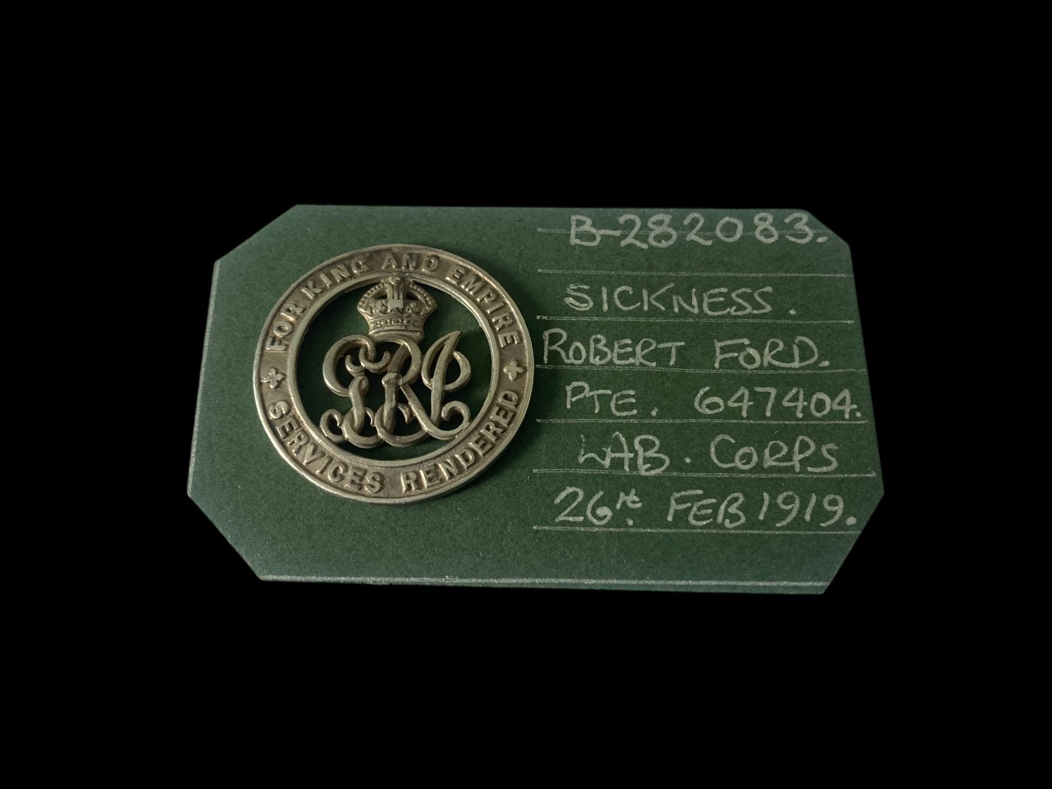 Silver War Badge, the reverse numbered B282083 as awarded to Private Robert Ford, Labour Corps wh...