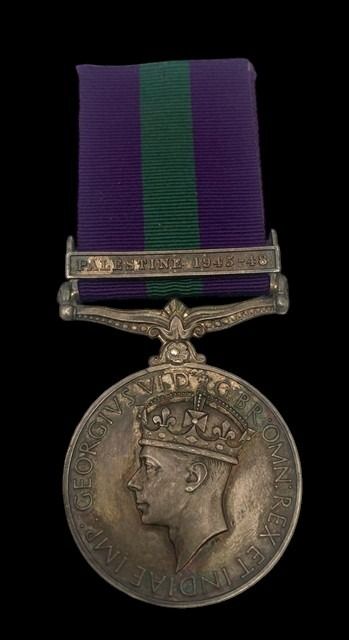 General Service Medal 1918-1962, GVIR 1st type bust, 1 Clasp:Palestine 1945-48 awarded to Private...