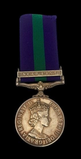 General Service Medal 1918-1962, EIIR Dei.Grat bust, 1 Clasp: Near East awarded to Sapper S. Theo...