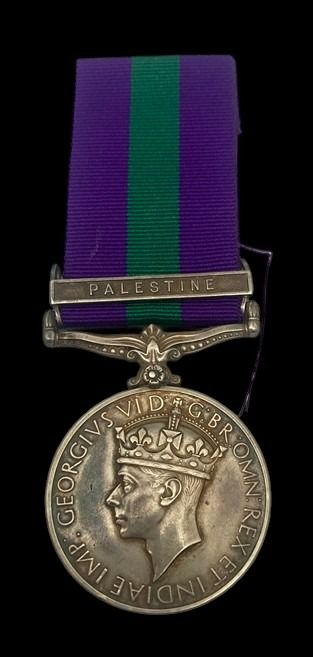 General Service Medal 1918-1962, GVIR 1st type bust, 1 Clasp: Palestine awarded to Private F.W. L...