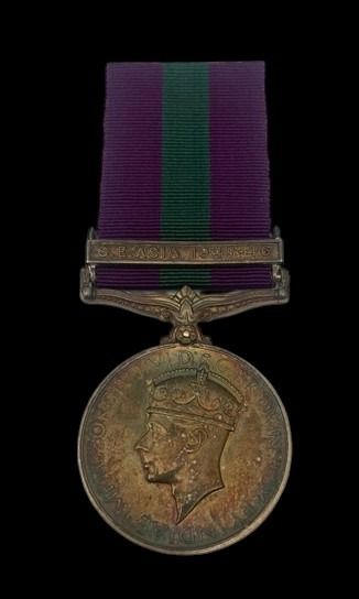 General Service Medal 1918-1962, GVIR 1st type bust, 1 Clasp: S.E. Asia 1945-46 awarded to Privat...