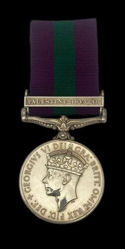 General Service Medal 1918-1962, GVIR 2nd type bust, 1 Clasp: Palestine 1945-48 awarded to Privat...